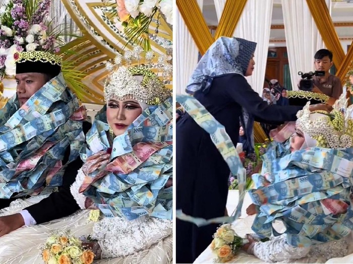 Pasangan pengantin ini dikalungi lembaran uang kertas di Bangkalan, Madura, viral di TikTok.