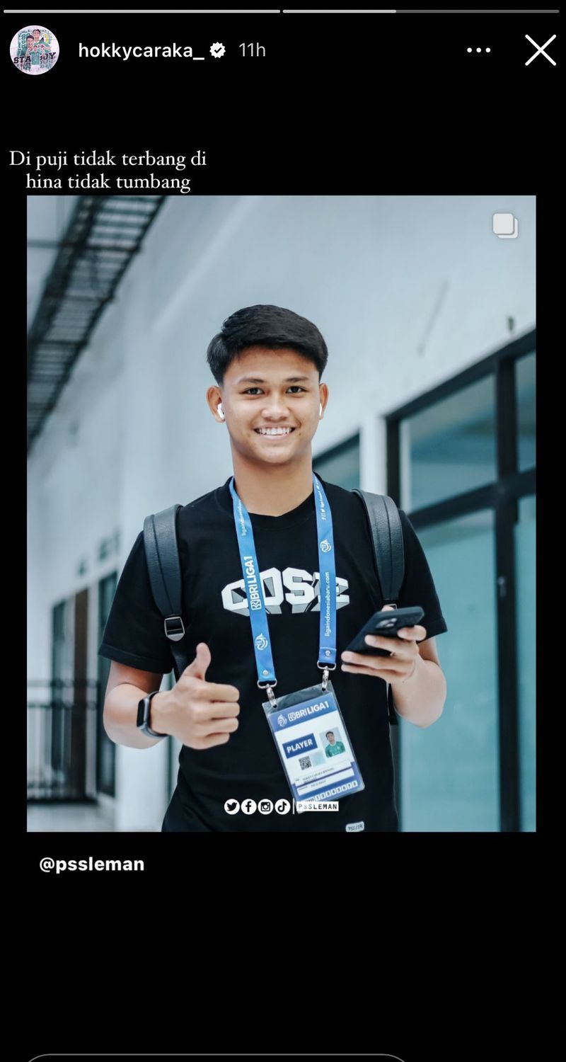 Pemain PSS Sleman Hokky Caraka mengunggah postingan usai menahan imbang Persis Solo, Rabu (8/11/2023) malam.