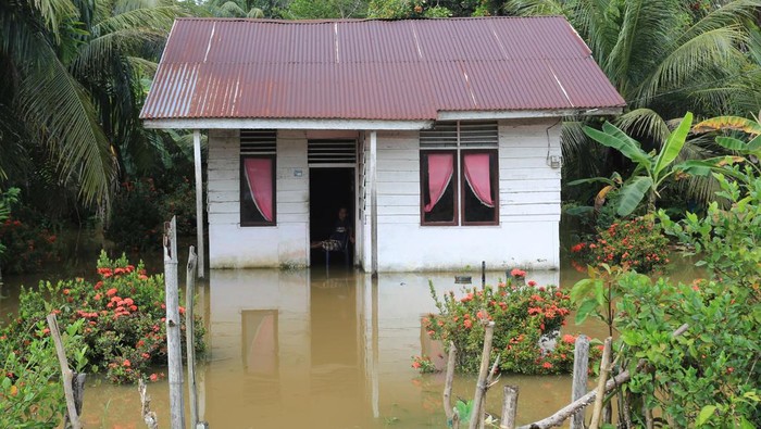 Sejumlah pengedara memanfaatkan jasa angkut untuk melintasi jalan yang terendam banjir di Desa Layung, Bubon, Aceh Barat, Aceh, Kamis (9/11/2023). Data BPBD Kabupaten Aceh Barat menyebutkan banjir karena tingginya intensitas hujan dan meluapnya sungai Krueng Woyla dan Krueng Meureubo tersebut mengakibatkan ratusan rumah warga dan puluhan hektar lahan pertanian terendam banjir dengan ketinggian air 30 cm hingga 110 cm. ANTARA FOTO/Syifa Yulinnas/wpa.