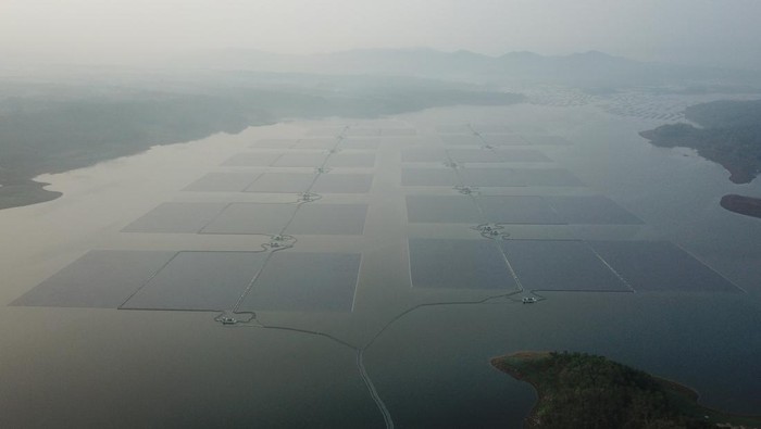 Foto udara panel surya Pembangkit Listrik Tenaga Surya (PLTS) Terapung Cirata di Kabupaten Purwakarta, Jawa Barat, Kamis (9/11/2023). PLTS Terapung Cirata dengan kapasitas 192 Megawatt Peak yang merupakan PLTS terapung terbesar se Asia Tenggara dan terbesar ketiga di dunia tersebut mulai dioperasikan untuk memenuhi kebutuhan listik di Pulau Jawa, Madura dan Bali. ANTARA FOTO/Raisan Al Farisi/rwa.