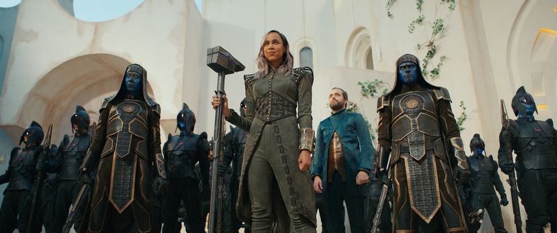 (Center, L-R): Zawe Ashton as Dar-Benn and Daniel Ings as Ty-Rone in Marvel Studios' THE MARVELS. Photo courtesy of Marvel Studios. © 2023 MARVEL.