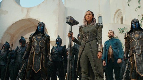 (Center, L-R): Zawe Ashton as Dar-Benn and Daniel Ings as Ty-Rone in Marvel Studios THE MARVELS. Photo courtesy of Marvel Studios. © 2023 MARVEL.
