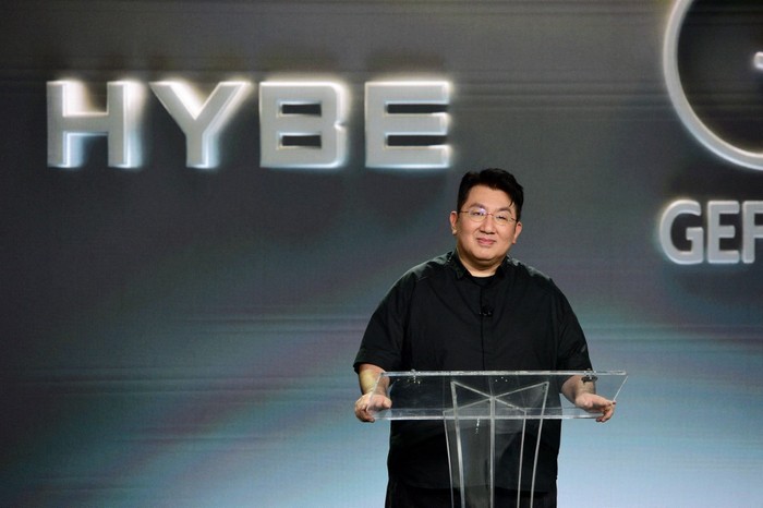 SANTA MONICA, CALIFORNIA - AUGUST 28: Bang Si-Hyuk, Chairman of HYBE speak onstage as HYBE x Geffen Records Announce Contestants for Forthcoming Global Girl Group on August 28, 2023 in Santa Monica, California.   Vivien Killilea/Getty Images for HYBE x Geffen Records/AFP (Photo by Vivien Killilea / GETTY IMAGES NORTH AMERICA / Getty Images via AFP)