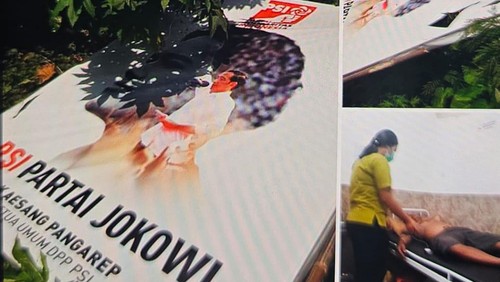 Unggahan netizen di Facebook terkait baliho PSI yang tumbang dan menimpa pengendara motor di Klungkung, Jumat (10/11/2023).