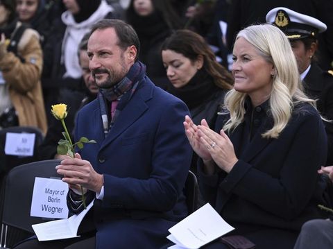 Norwegian Crown Prince Haakon and his wife Mette-Marit attend the commemoration of the 34th anniversary of the fall of the Berlin Wall at the Berlin Wall Memorial, Thursday, Nov. 9, 2023. (Christophe Gateau/dpa via AP)