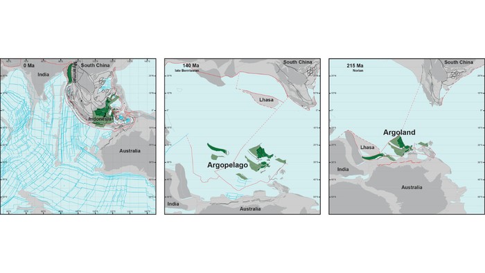 Foto: Hasil rekonstruksi parsial pergerakan Argoland dari 215 juta tahun lalu. (Faculty of Geosciences Utrecht University)
