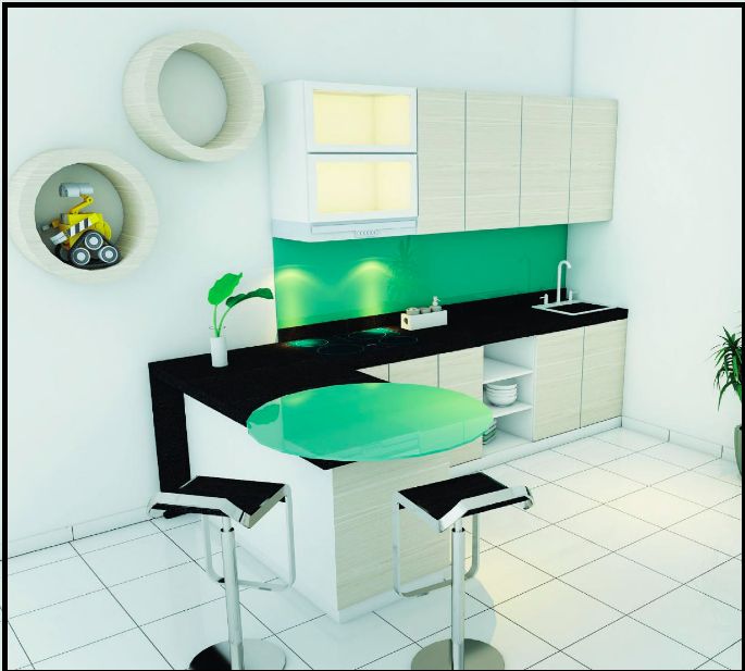 Kitchen set dengan meja bundar.