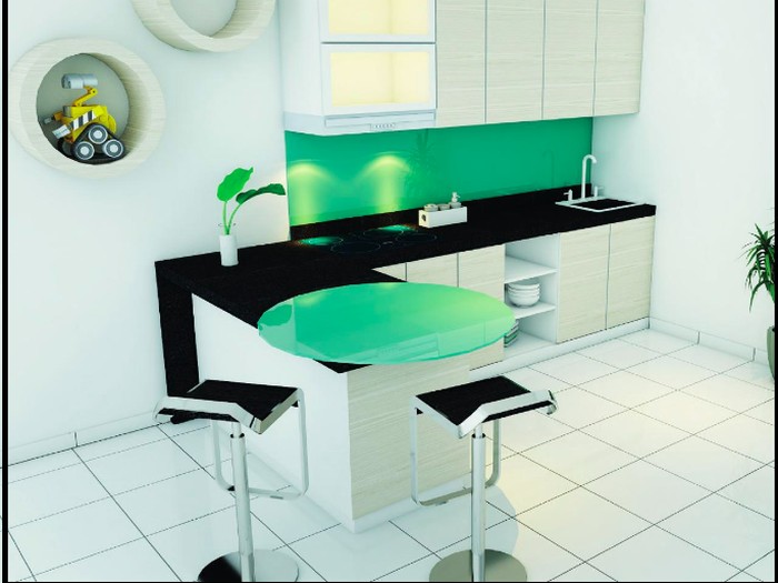 Kitchen set dengan meja bundar.