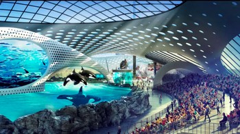 Beberapa paus orca yang tinggal di akuarium taman hiburan tersebut dapat menghasilkan gelombang setinggi 3 meter. Hal itu menjadikan Taman Hiburan Chimelong memiliki kolam ombak buatan dalam ruangan terbesar di dunia karena mesin ombaknya yang canggih. Foto: ThemeParx