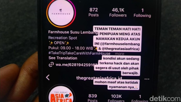 Akun Instagram Farmhouse dan The Great Asia Africa Lembang yang Diretas