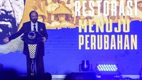 Surya Paloh menyampaikan pidato politiknya di HUT ke-12 Partai NasDem. 