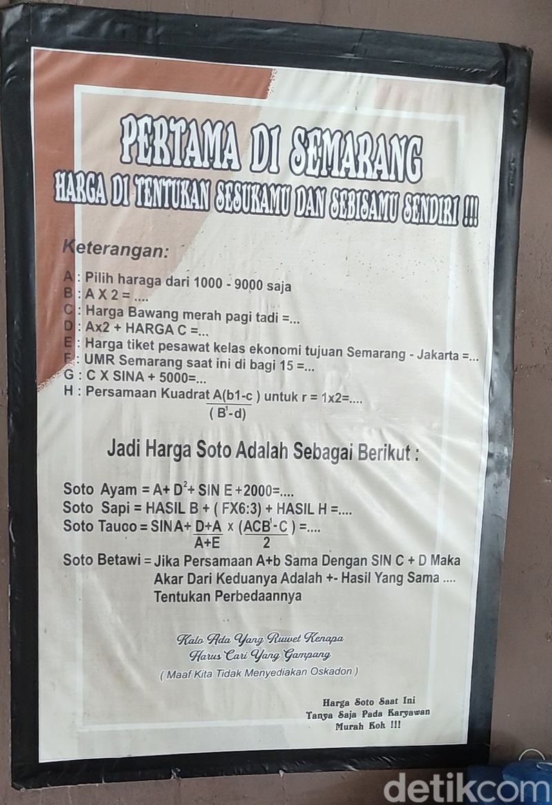 Soto Pak Hadi di Jalan Batan Selatan Kota Semarang pada Santi (11/11/2023). Pengunjung dibuat memeras otak karena harus memecahkan soal Matematika jika ingin mendapatkan harga soto yang mereka inginkan.
