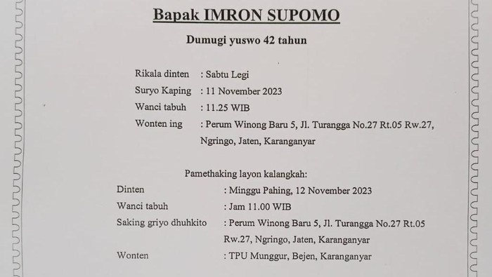 Pengumuman duka meninggalnya Ketua DPC PPP Karanganyar, Imrwon Supomo, Sabtu (11/11/2023). Imron yang juga Takmir Masjid Raya Sheikh Zayed Solo (MBZ) diketahui meninggal usai terlibat kecelakaan di tol Cipali Km. 112 Jalur A jurusan Cikopo menuju Palimanan, tepatnya Desa Cisaga, Kecamatan Cibogo, Kabupaten Subang, Jawa Barat.