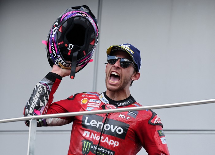 MotoGP - Malaysian Grand Prix - Sepang International Circuit, Sepang, Malaysia - November 12, 2023 Ducati Lenovo Teams Enea Bastianini celebrates on the podium after winning the race REUTERS/Hasnoor Hussain
