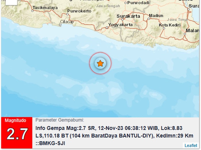 Gempa M 2,7 goyang perairan Bantul, Minggu (12/11/2023).