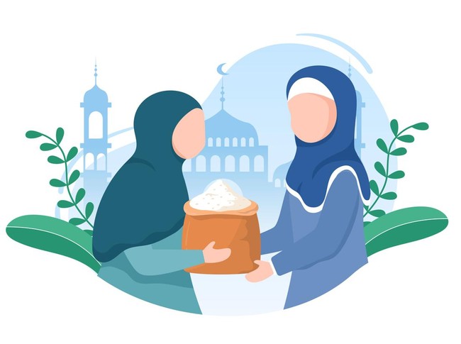 Muslim People Giving Alms, Zakat or Infaq Donation to a Person Who Need it in Flat Cartoon Poster Hand Drawn Templates Illustration