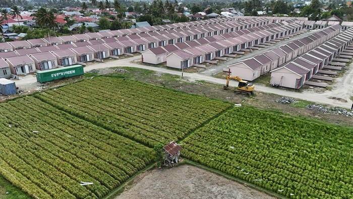 Foto udara kawasan pembangunan perumahan dan sisa lahan pertanian di Kabupaten Sigi, Sulawesi Tengah, Minggu (12/11/2023). Data Kementerian Pertanian menyebutkan alih fungsi lahan pertanian mencapai kisaran 90 ribu hingga 100 ribu hektare per tahun. ANTARA FOTO/Mohamad Hamzah/aww.