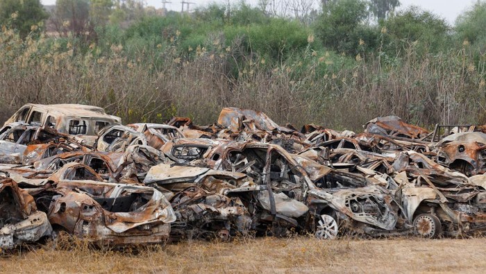 A view of vehicles destroyed by Hamas during the October 7 attack on Israel, collected in a field near the Israel-Gaza border, Israel October 29, 2023. REUTERS/Evelyn Hockstein