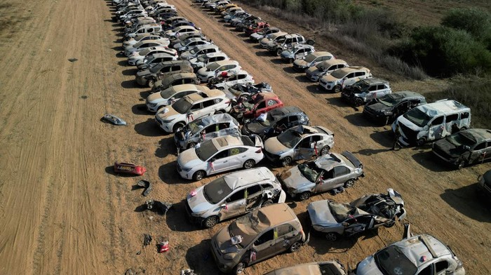 Drone view of a junk yard for Israeli vehicles destroyed in a Hamas attack, on a field in Netivot, Israel, November 1, 2023. Reuters/Amir Cohen