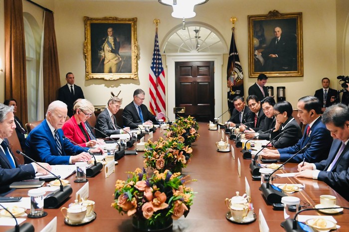 Jokowi saat pertemuan bilateral dengan Presiden AS Joe Biden.