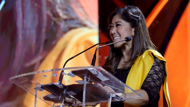 Ketua Komisi I DPR RI selaku Dewan Pakar Soedirman Awards, Meutya Hafid, di acara Malam Puncak Penganugerahan Soedirman Awards 2023, Balai Samudera, Kelapa Gading, Jakarta Utara, Senin (13/11/2023).