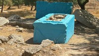 Sarkofagus Romawi di situs tersebut pun menjadi sasaran vandalisme, dirusak dengan cat biru sebagai penanda bendera Israel. Foto: Ariel David via Haaretz.