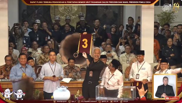 Pengundian dan Penetapan Nomor Urut Pasangan Calon Presiden dan Wakil Presiden dalam Pemilu 2024. (Tangkapan Layar Youtube KPU RI)