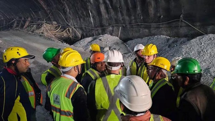 Members of rescue teams are pictured during a rescue operation after a portion of an under-construction tunnel collapsed in Uttarkashi in the northern state of Uttarakhand, India, November 13, 2023. Uttarakhand State Disaster Response Force/Handout via REUTERS Acquire Licensing Rights