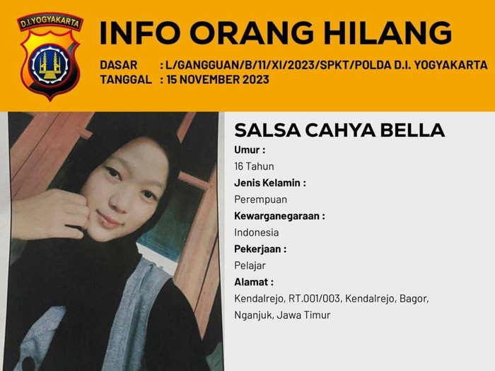 ABG asal Nganjuk Salsa Cahya Bella dilaporkan hilang di Jogja, Rabu (15/11/2023)