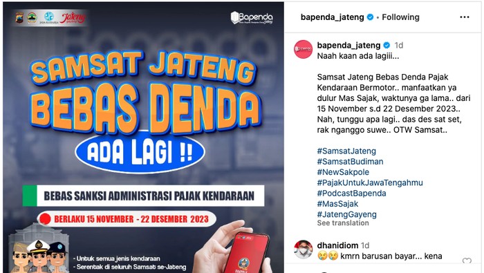 Bebas denda pajak kendaraan di Jateng.