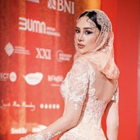 Penuh dengan sentuhan brokat dengan dominasi warna peach yang lembut, kebaya tersebut membuatnya lebih feminin. Sementara itu, siluet yang mengikuti lekuk tubuh Anya sukses mempertegas aura seksinya. (Foto: Instagram/@anyageraldine)