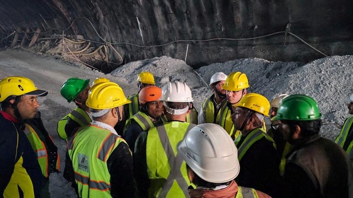 Members of rescue teams are pictured during a rescue operation after a portion of an under-construction tunnel collapsed in Uttarkashi in the northern state of Uttarakhand, India, November 13, 2023. Uttarakhand State Disaster Response Force/Handout via REUTERS THIS IMAGE HAS BEEN SUPPLIED BY A THIRD PARTY. NO RESALES. NO ARCHIVES. REFILE - CORRECTING MONTH