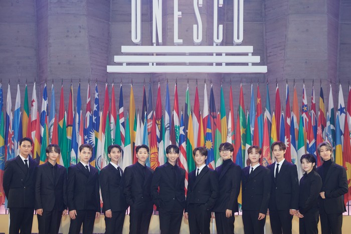SEVENTEEN SEVENTEEN menghadiri acara UNESCO Youth Forum di Markas Besar UNESCO, Paris, Prancis, pada Selasa (14/11/2023) waktu setempat atau Rabu (15/11/2023) waktu Indonesia.