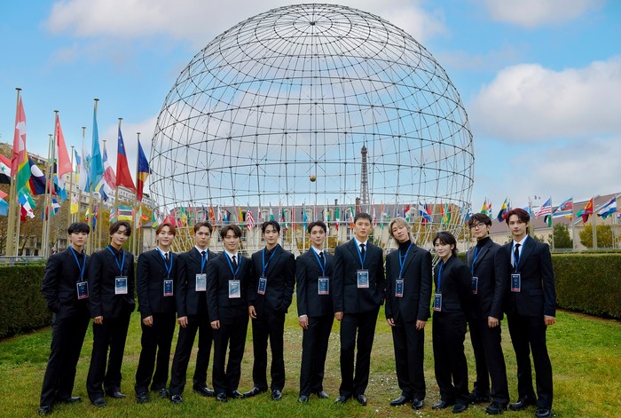 SEVENTEEN menghadiri acara UNESCO Youth Forum di Markas Besar UNESCO, Paris, Prancis, pada Selasa (14/11/2023) waktu setempat atau Rabu (15/11/2023) waktu Indonesia.