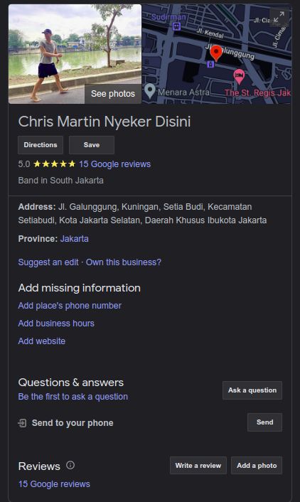 Chris Martin nyeker di Jakarta masuk Google Maps