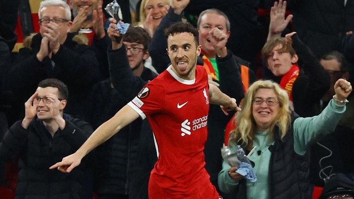 Soccer Football - Europa League - Group E - Liverpool v Toulouse - Anfield, Liverpool, Britain - October 26, 2023  Liverpools Diogo Jota celebrates scoring their first goal REUTERS/Molly Darlington