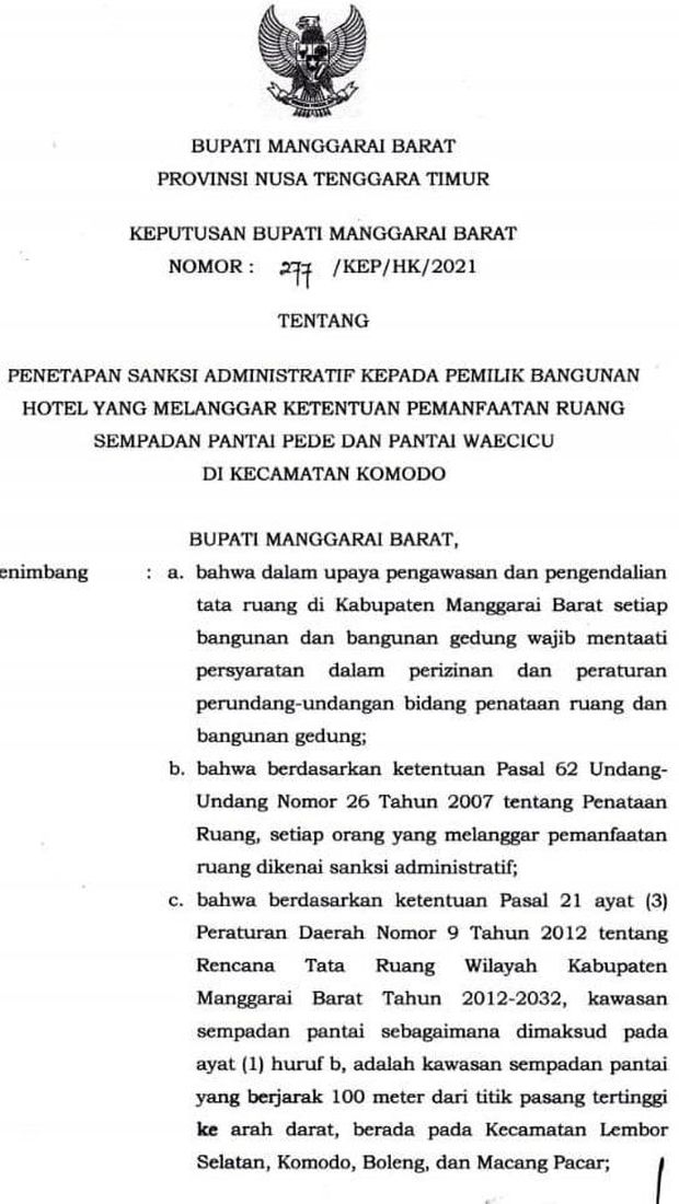 Keputusan Bupati Manggarai Barat tentang Penetapan Sanksi Administratif kepada Hotel yang Melanggar Pemanfaatan Sempadan Pantai di Pantai Pede dan Wae Cicu.