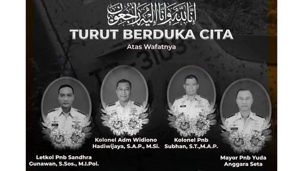 Ucapan duka cita dari Gubernur Jatim Khofifah Indar Parawansa untuk keempat awak pesawat Super Tucano milik TNI AU yang jatuh di Pasuruan.