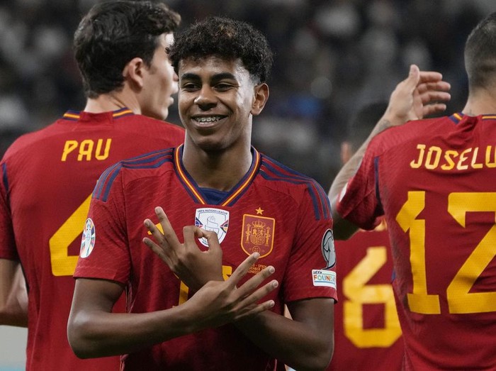 Spains Lamine Yamal celebrates after scoring his sides first goal during an Euro 2024 group A qualifying soccer match between Cyprus and Spain, at the Alphamega Stadium stadium in Limassol, Cyprus Thursday, Nov. 16, 2023. (AP Photo/Petros Karadjias)