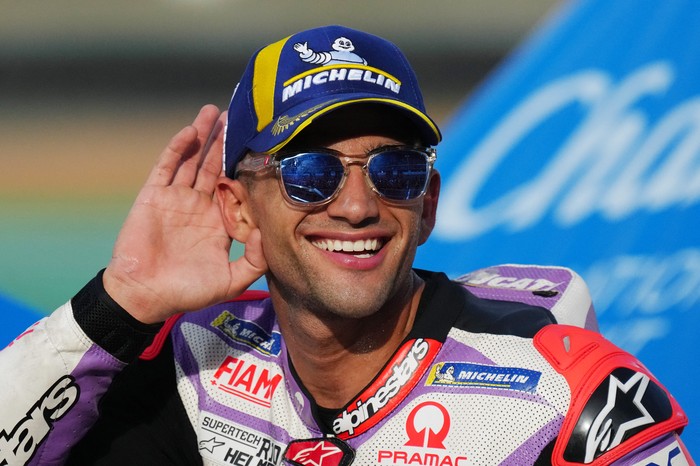 MotoGP - Thailand Grand Prix - Chang International Circuit, Buriram, Thailand - October 29, 2023 Prima Pramac Racings Jorge Martin celebrates on the podium after winning the MotoGP REUTERS/Athit Perawonmetha