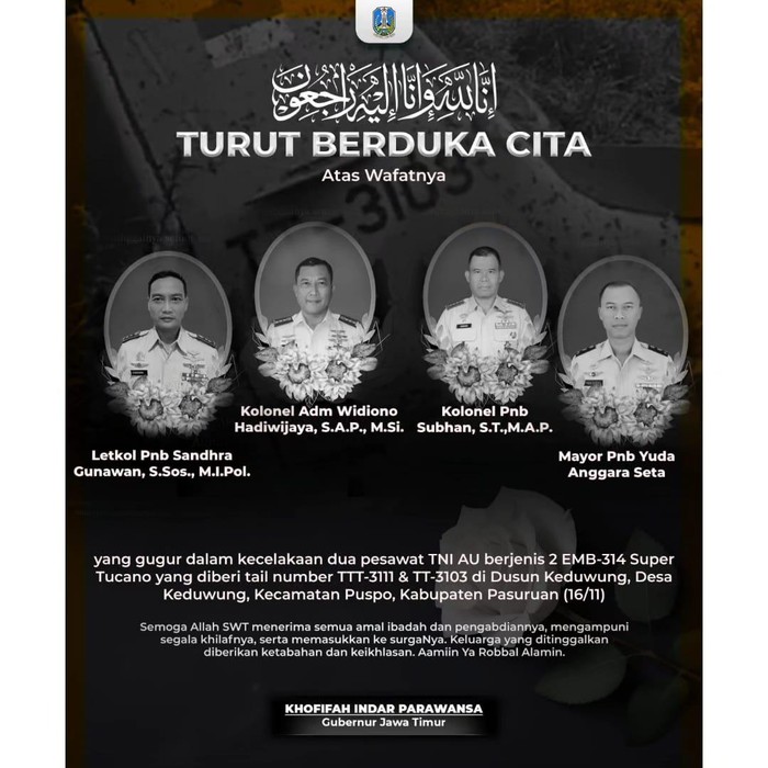 Khofifah Sampaikan Duka Cita Mendalam Atas Musibah Jatuhnya Dua Pesawat TNI AU Super Tucano