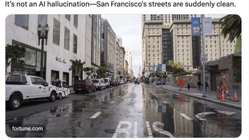 Ini bukan halusinasi AI, San Francisco benar-benar bersih. Kota ini belakangan banyak dikritik karena dibiarkan kotor, tidak aman dan banyak gelandangan. Foto: Twitter