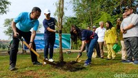 Wali Kota Jakarta Selatan Munjirin, Director & Chief of Syariah Officer Manulife Indonesia Karjadi Pranoto, dan Director and Chief Legal & Compliance Manulife Indonesia Apriliani Siregar menanam pohon salix di Waduk Lebak Bulus, Jakarta, Jumat (17/11/2023). Ada total 110 pohon salix dan bugenvil yang ditanam. 