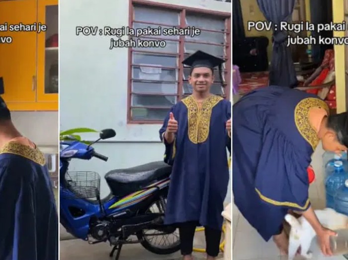 Aksi mahasiswa yang mengenakan topi dan jubah wisuda untuk kegiatan sehari-hari di rumah.