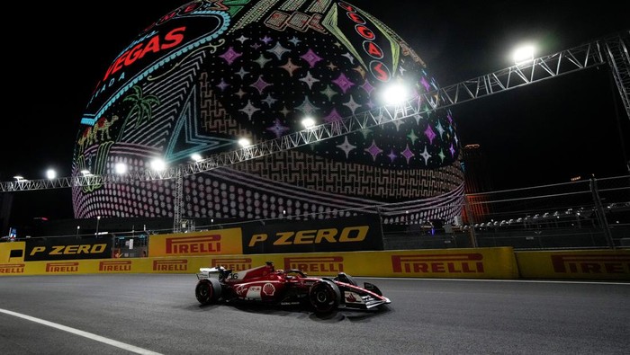 Ferrari driver Charles Leclerc, of Monaco, drives during the first practice session for the Formula One Las Vegas Grand Prix auto race Thursday, Nov. 16, 2023, in Las Vegas. (AP Photo/John Locher)