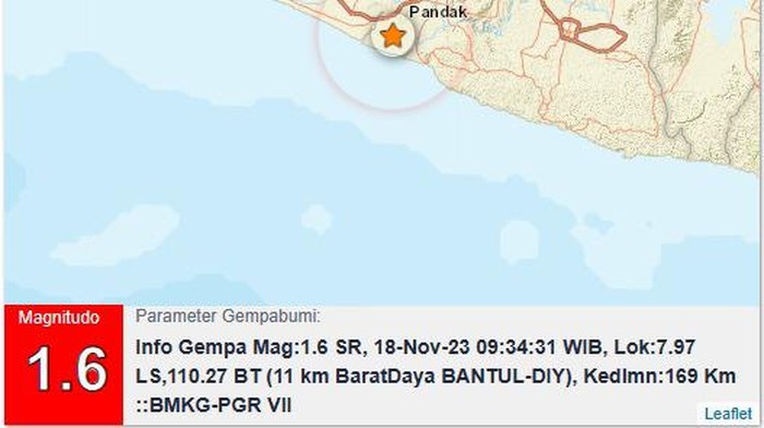 Gempa darat M 1,6 di Bantul, Sabtu (18/11/2023).