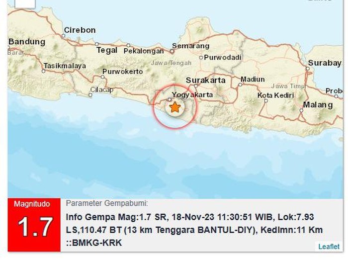 Gempa darat M 1,7 di Bantul siang ini, Sabtu (18/11/2023).