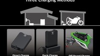 Adapun tiga opsi pilihan dalam pengisian daya, yakni charging dengan charging dock (batteries removed), charging tanpa charging dock (batteries removed) dan charging langsung di bagian offboard charge (bagian belakang motor). Foto: Kawasaki