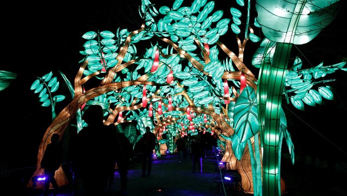 Brightly coloured plant-shaped figures are displayed at the 