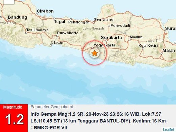 Gempa darat M 1,2 di Bantul, Senin (20/11/2023) pukul 23.25 WIB